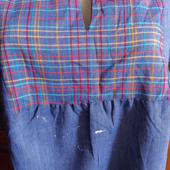 Medium Vintage 1970's Peasant Blouse Plaid Yoke Chambray Denim Tunic Puff Sleeve - Picture 3 of 5